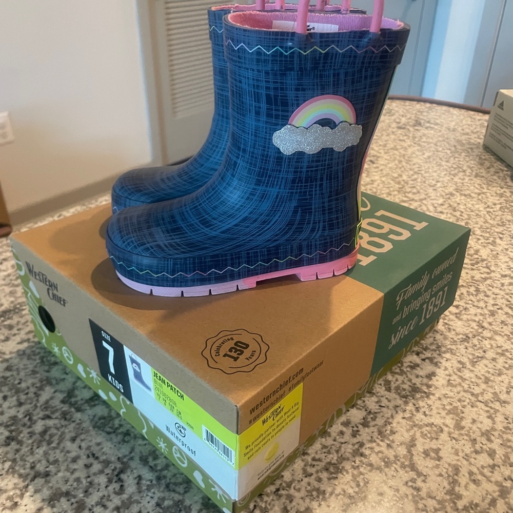 Blue and Pink Kids Rain Boots with Rainbow Design-Used Once/OBO